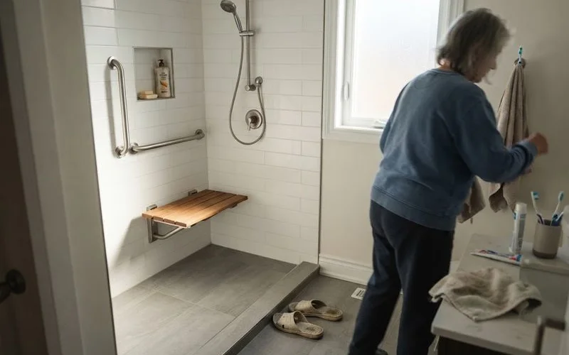A renovated bathroom with a curbless walk-in shower, properly installed grab bars, and a fold-down shower seat designed for aging in place