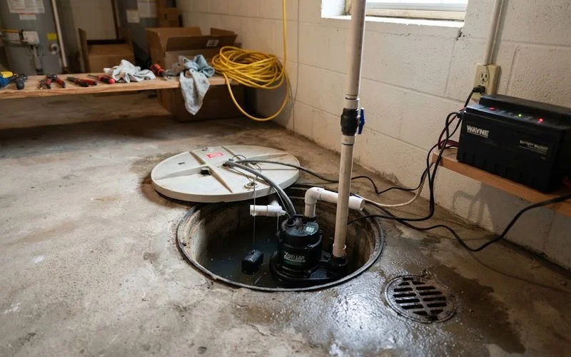 A sump pump pit in a basement floor with the pump visible and a discharge pipe running toward an exterior wall