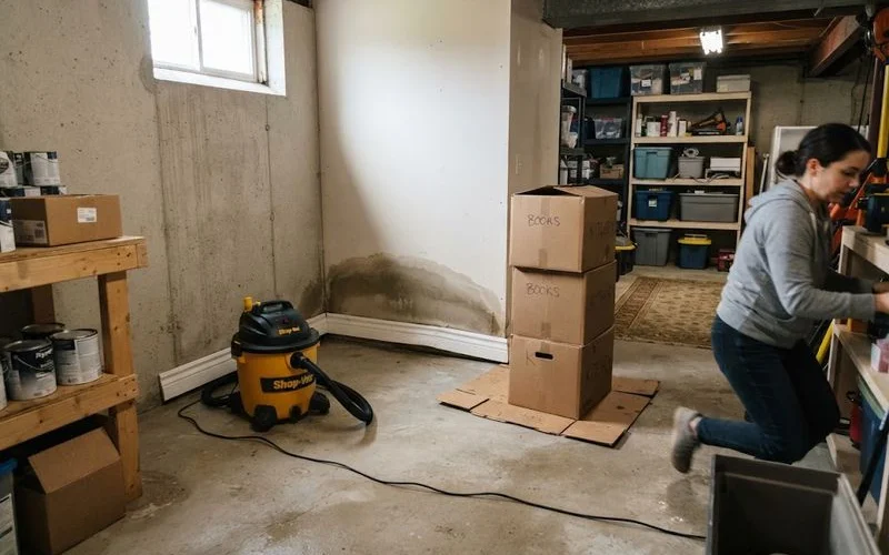 A flooded basement floor with water pooling near a sump pump pit, showing the kind of damage that triggers a water damage insurance claim