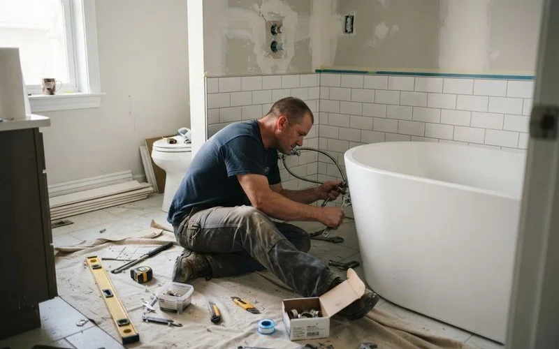 A partially renovated bathroom in a Toronto area home showing new tile installation and exposed plumbing rough-in before fixtures are installed