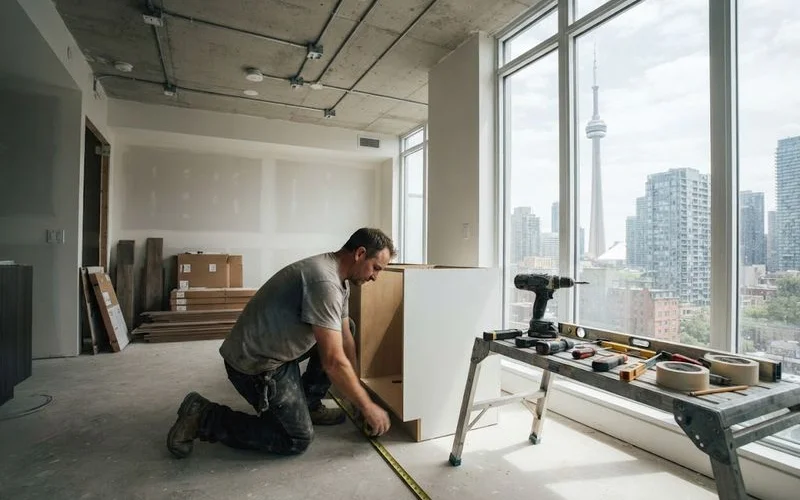A condo unit interior mid-renovation in a Toronto highrise building with flooring materials and tools staged near a window with a city view