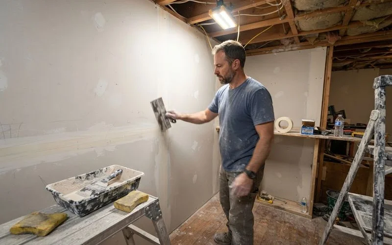 A drywall finisher applying joint compound with a wide taping knife across a taped seam in a newly framed room