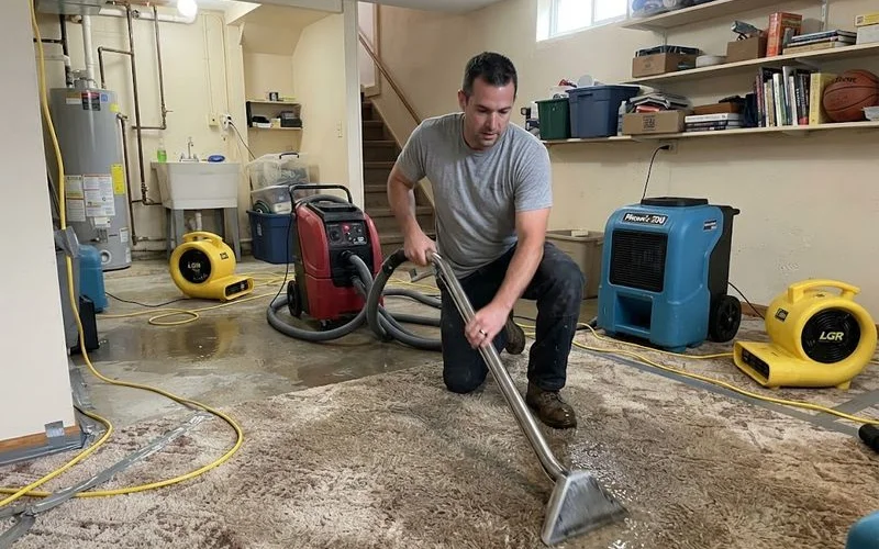 A technician using an industrial fan and dehumidifier to dry out a flooded basement room in the hours after a water damage event