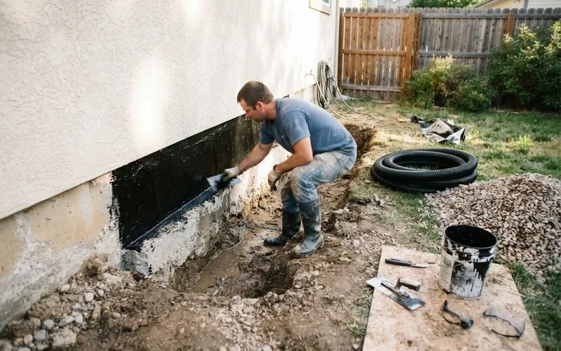 Exterior excavation equipment working alongside a foundation wall during a basement waterproofing project, with a trench visible along the wall