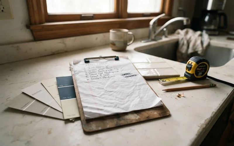 A homeowner and contractor going through a printed renovation checklist together at the start of a project