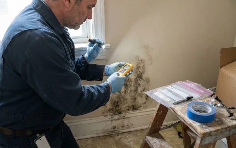 A mould remediation technician wearing protective equipment inspecting a water-damaged wall for mould growth