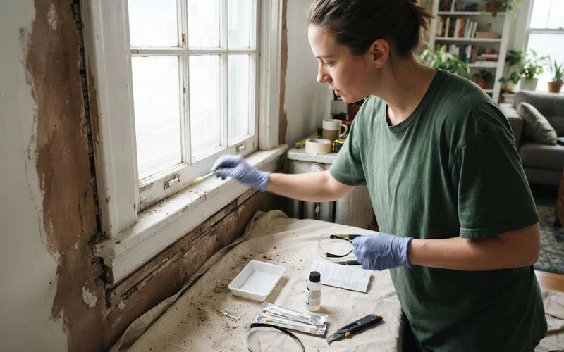 An older Toronto area home mid-renovation with exposed ceiling material and a technician taking a sample for asbestos testing