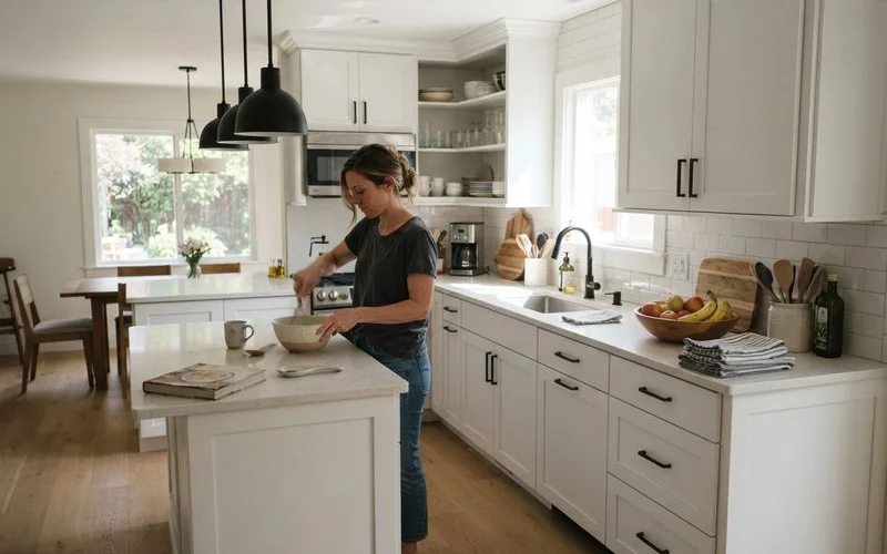 A recently renovated kitchen with fresh paint and updated lighting in a Toronto area home prepared for resale