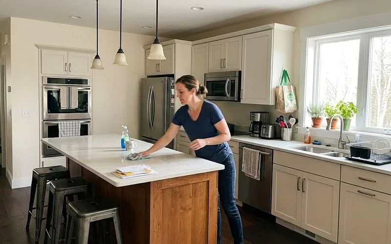 A newly renovated kitchen in a Toronto home with quartz countertops, an island, and semi-custom cabinetry visible under natural light
