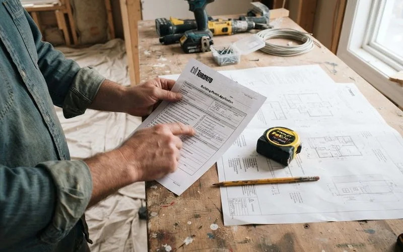 A building permit application document and architectural drawings laid out on a table alongside a hard hat and tape measure