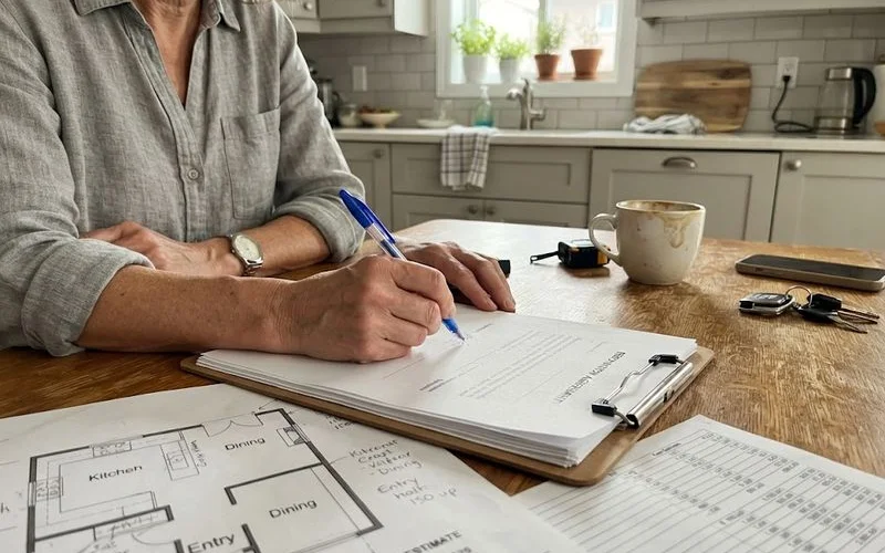 A homeowner and contractor reviewing a written renovation contract together at a kitchen table with a laptop and printed pages