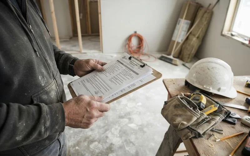 A homeowner reviewing a certificate of insurance document with a renovation contractor before signing a project agreement