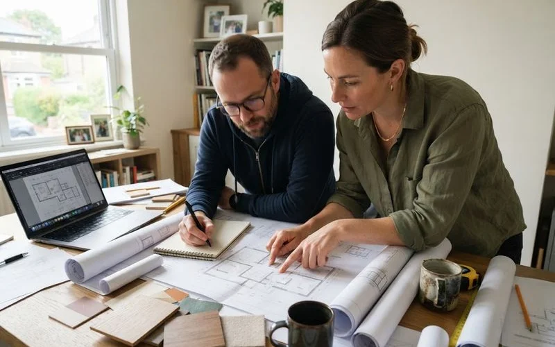 An interior designer and a renovation contractor reviewing floor plans together at a kitchen island in a home under renovation