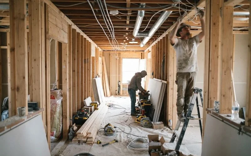 A whole-home renovation project in a Toronto neighbourhood with the original brick exterior retained while interior framing is being rebuilt
